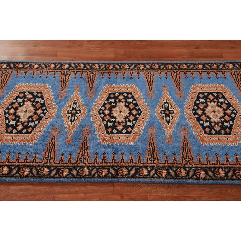 Hand Knotted Oriental 100% Wool Carpet Traditional Geometric Navy Blue & Blues Viss Runner Rug - 9' 8'' X 2' 6''
