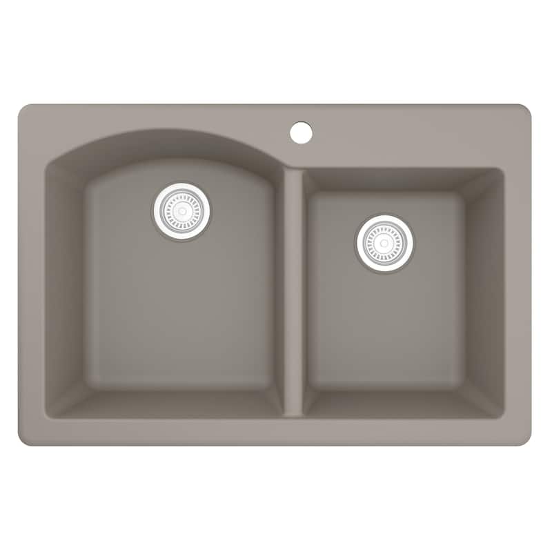 Top Mount 33-inch Large/Small Bowl Quartz Kitchen Sink - 33" x 22" x 9" - Concrete