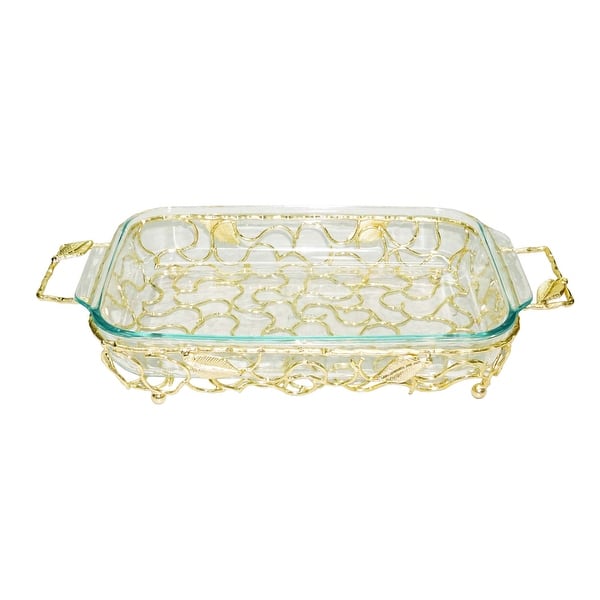 Rectangular Gold Handled Pyrex Holder with Leaf Design Bed Bath