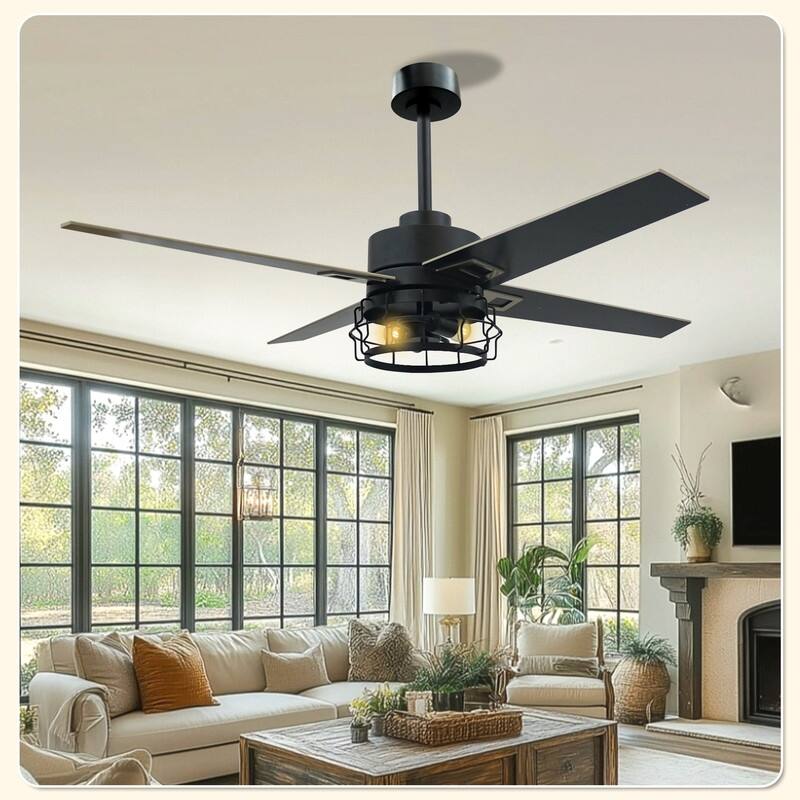 52 Inch Ceiling Fan with Lights and Remote Control, Reversible Airflow - Matte black