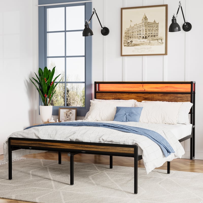 Platform Bed with Storage Headboard,LED Light and Charging Station for Bedroom
