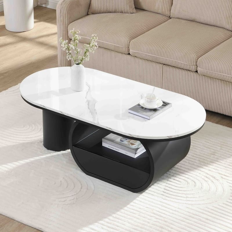 47.24'' Modern Luxury Oval Coffee Table with Storage Drawer for Living Room - Black White