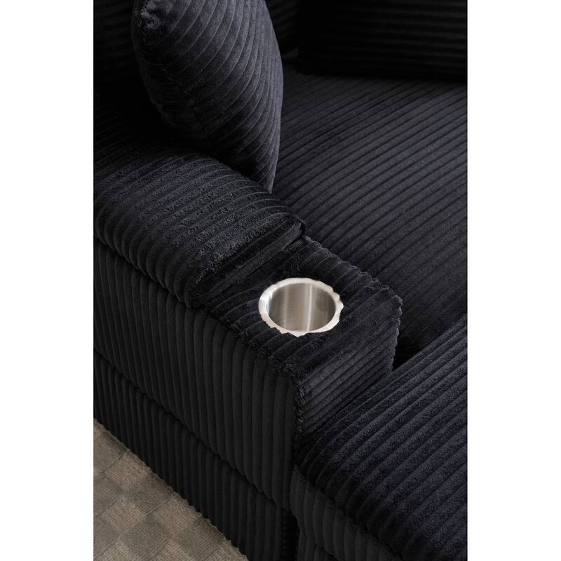 Corduroy Sofa Sets with Ottoman, Handrail Storage and Cup Holders