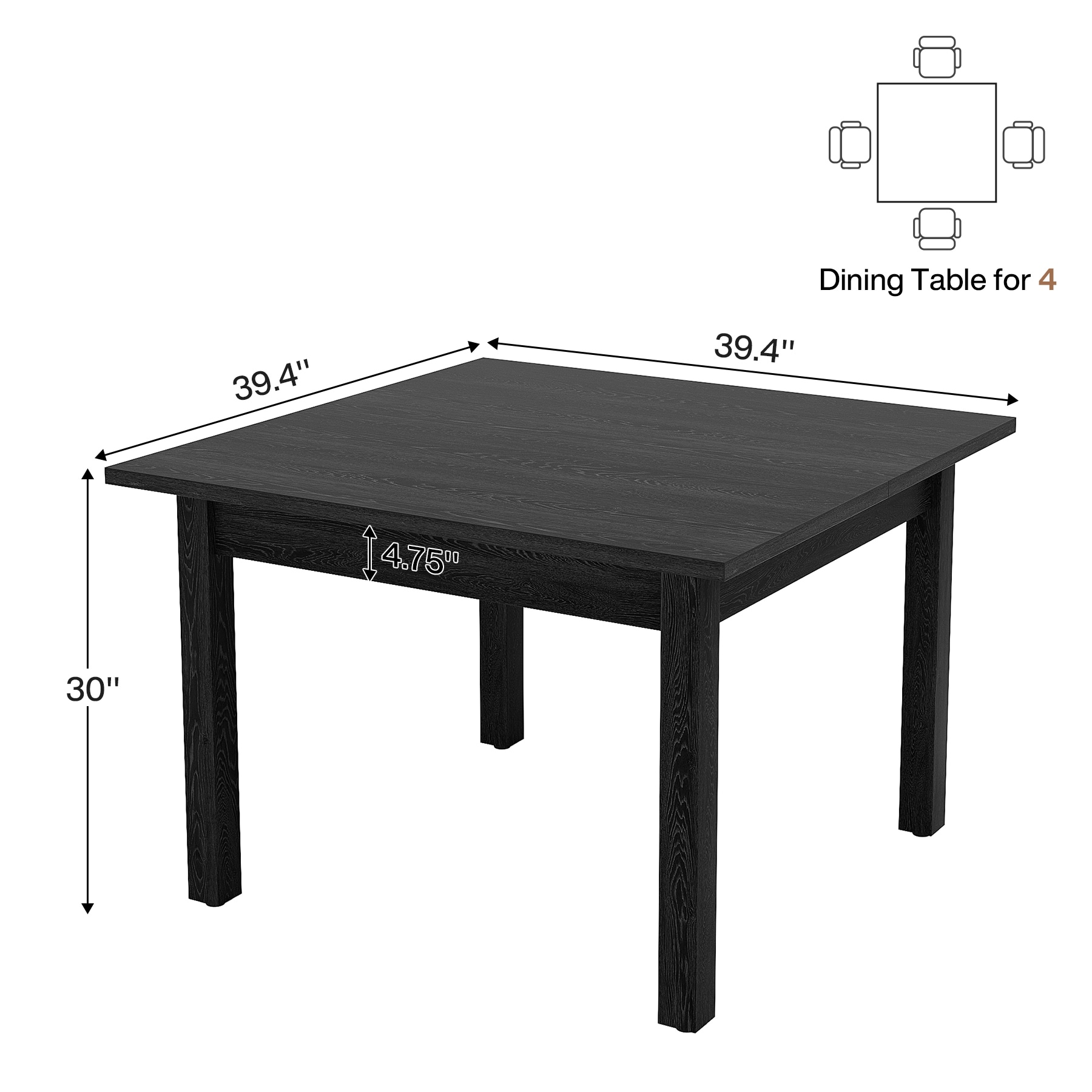 39.4 Inches Square 2-4 People Dining Table with Solid Wood Legs