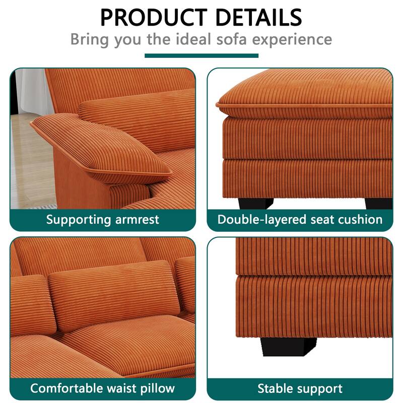 111.8" U-Shaped Cloud Sectional, 4-Seater Corduroy Upholstered Sectional with Recliner and Cushions