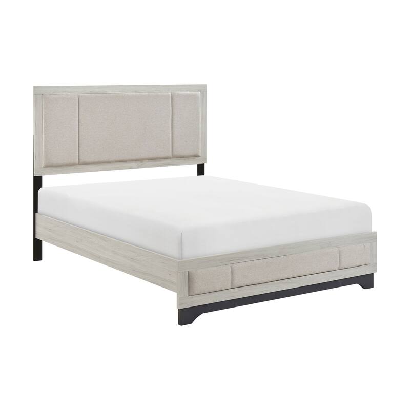 Modern Two-Tone White Oak & Gray Upholstered Queen Platform Bed with Headboard and Footboard - Gray