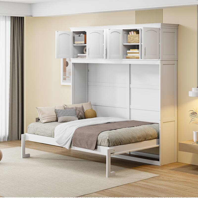 White Full Size Modern Style Multi-function Murphy Bed with Top Cabinets for Small Apartment or Studio - White