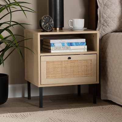 Baxton Studio Caterina Mid-Century Modern Transitional Natural Brown Finished Wood and Natural Rattan 1-Door End Table
