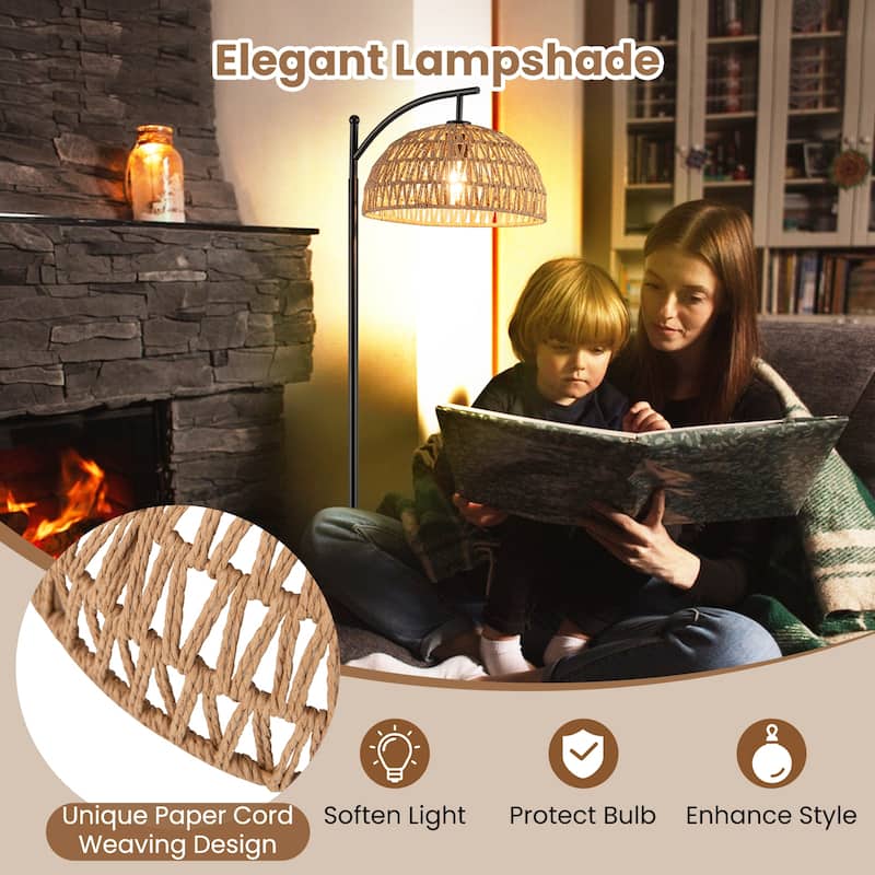 Modern Arc Floor Lamp with E26 Socket and Paper Rope Shade Adjustable Lighting for Living Room - 10"Dia × 63"H