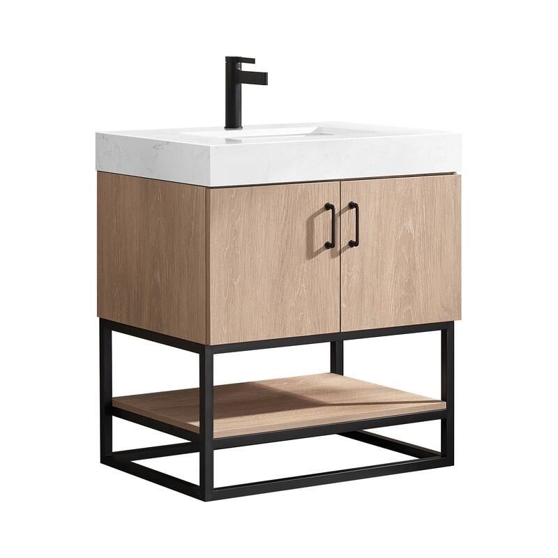 Alistair Single Bath Vanity with White Grain Stone Top without Mirror - 30" - North American Oak(Black Hardware)