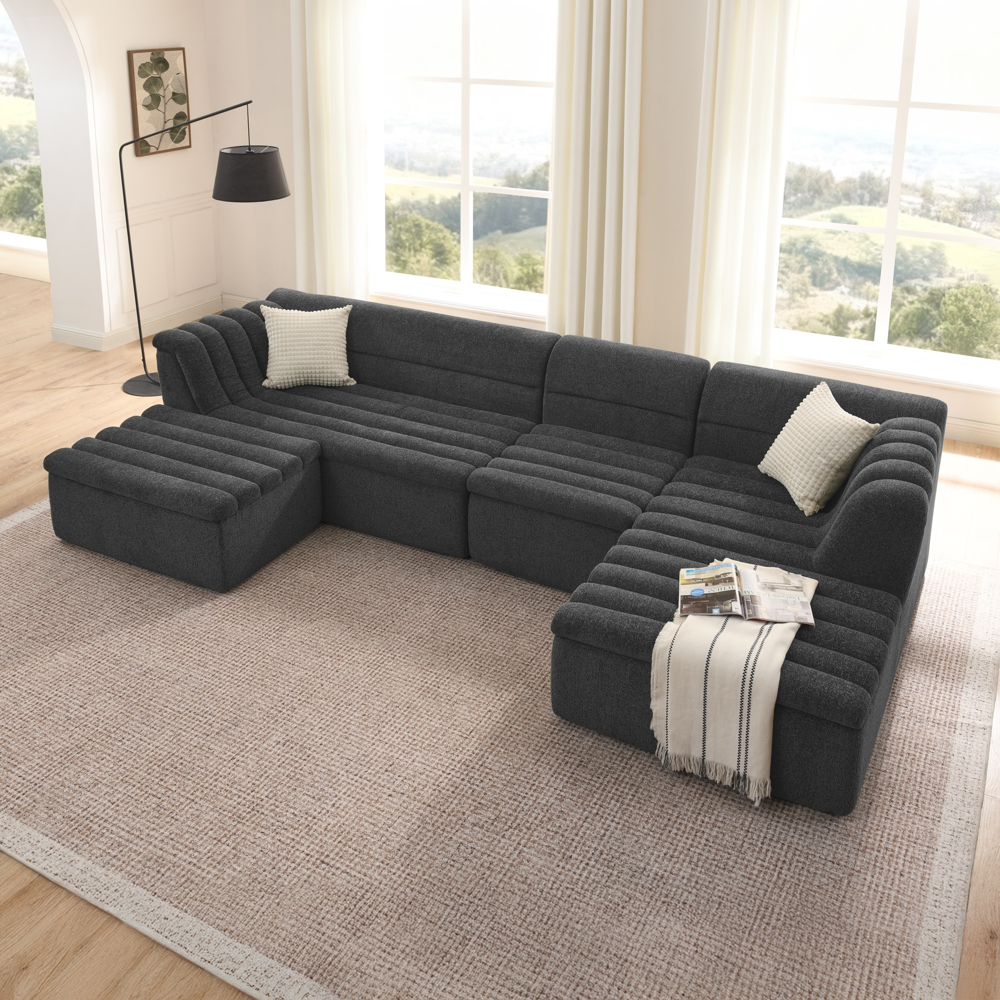 Roomfitters U-Shaped Modular Sectional Sofa with Chaise and Movable Ottoman, Chenille Upholstery and Wave-Shaped Armrest