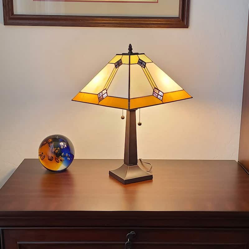 Dark Brown Metal Table Lamp with Cone-Stained Glass Shade and Pull Chain - 10” x 18” x 21” (D x W x H)