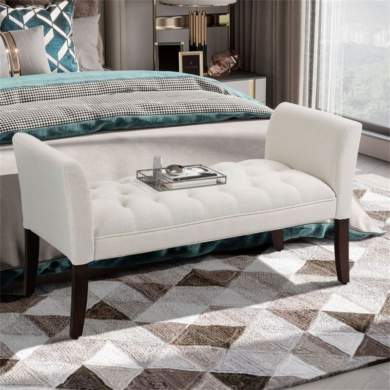 Linen Upholstered Storage Bench with Button Tufted Cushion for Entryway Bedroom or Living Room Use - 55" W x 17.25" D x 25.5" H