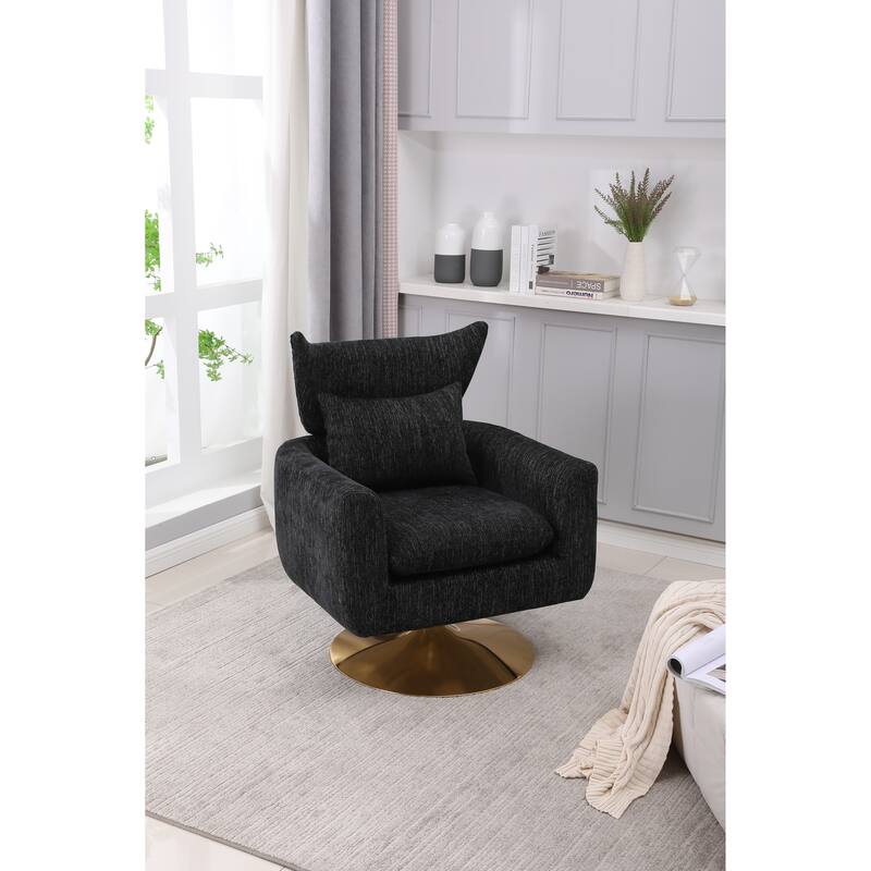 Black Modern 29.9" Upholstered 360° Swivel Accent Chair with Iron Base and Pillow