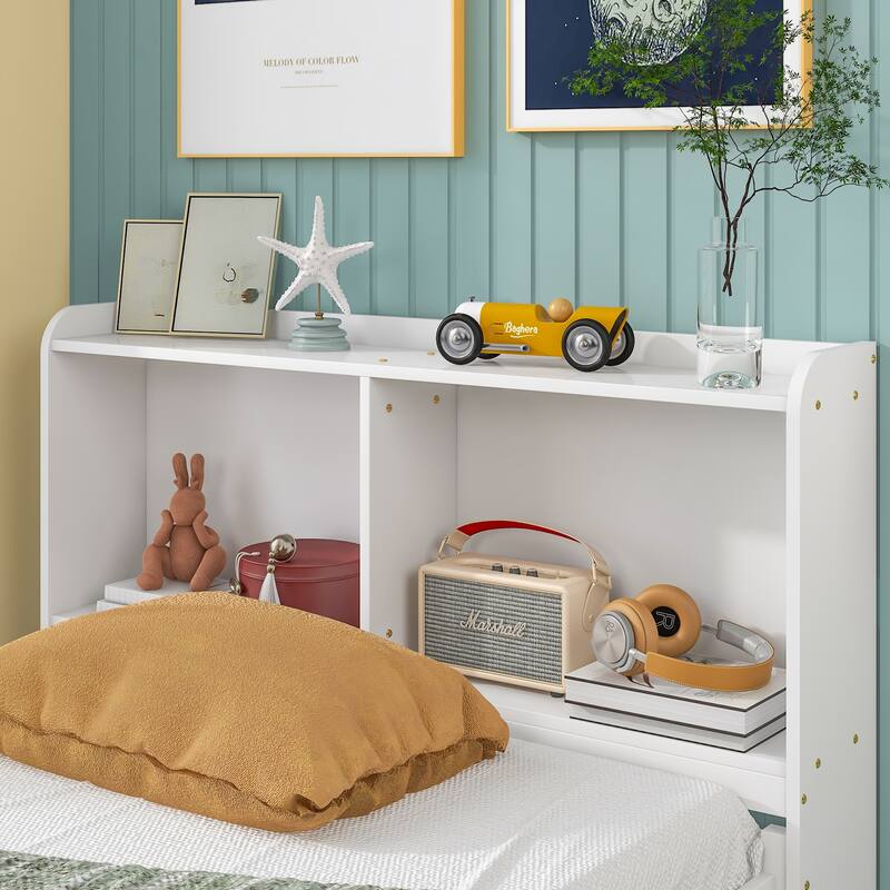 Twin Size Platform Bed Wood Frame Bed with Storage Headboard and Twin Trundle Bed, 2 Storage Drawers Design for Kids Teens