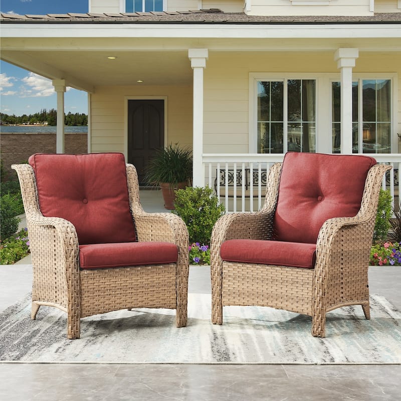 Outdoor Wicker High Back Club Chair with Cushions (Set of 2) - Yellow/Red