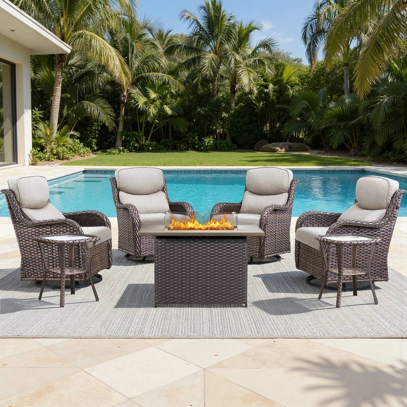 Meyreso 7-Piece Outdoor Patio Wicker Fire Pit 4 person Conversation Set with 5-Inch Thick Cushions