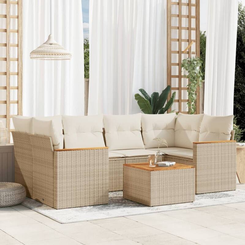 vidaXL Patio Sofa Set with Cushions Outdoor Furniture 7 Piece Poly Rattan - Beige Large