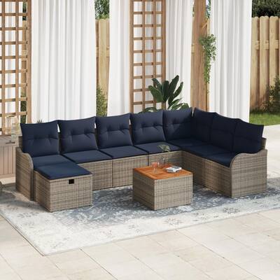 vidaXL 9 Garden Sofa Set with Cushions Black/Grey Poly Rattan - 113.2 x 69.9 x 27.2