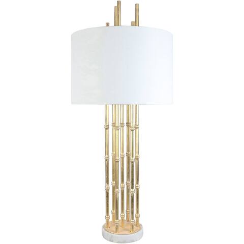 33" Tall Large Bamboo Table Lamp, Gold and White Marble Base