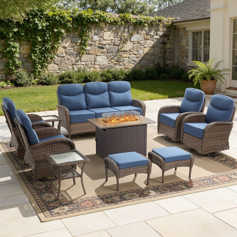 Meyreso 10-Piece Wicker Outdoor Patio Fire Pit Sofa Set with 6-Inch Thick Cushions