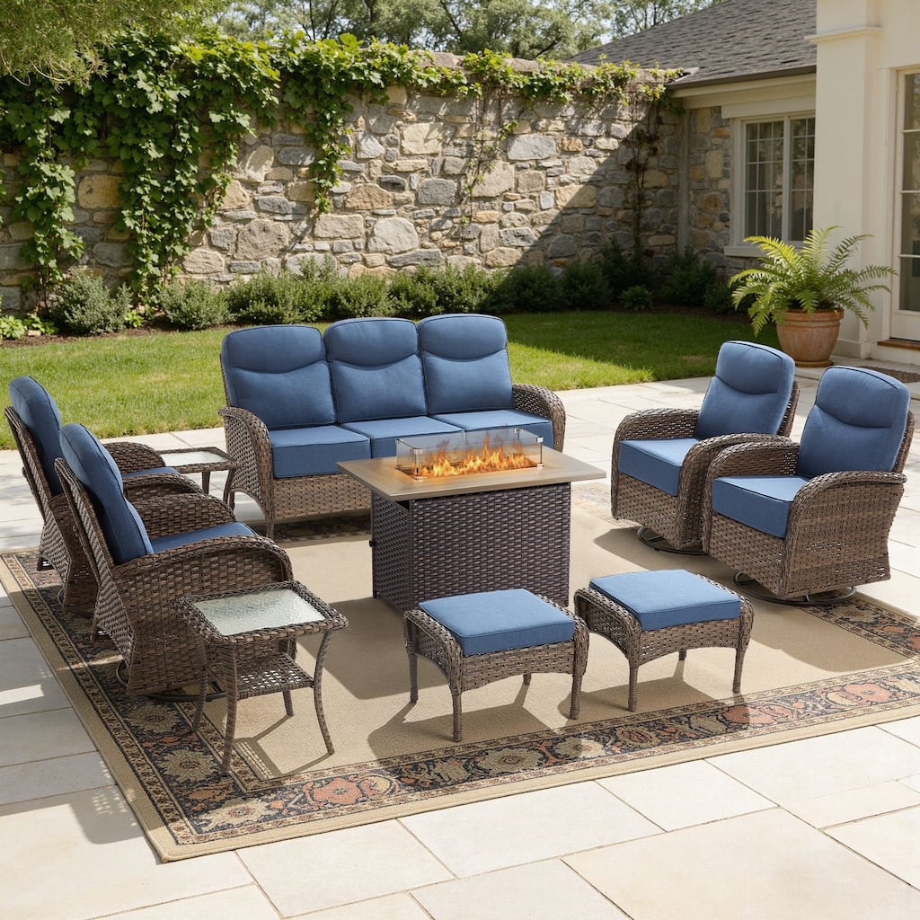 Meyreso 10-Piece Wicker Outdoor Patio Fire Pit Sofa Set with 6-Inch Thick Cushions