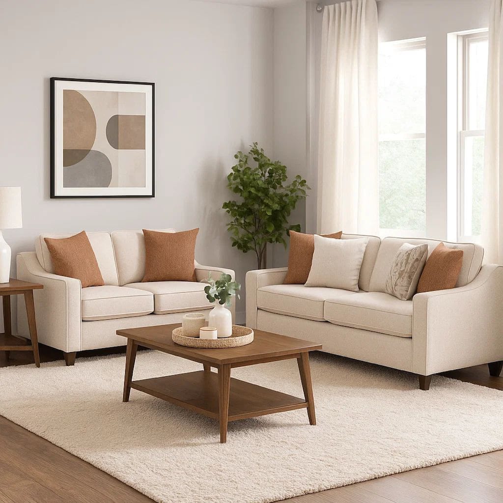 Kristy 2pc Modern Sofa Set, Sloped Track Arms, Beige Chenille