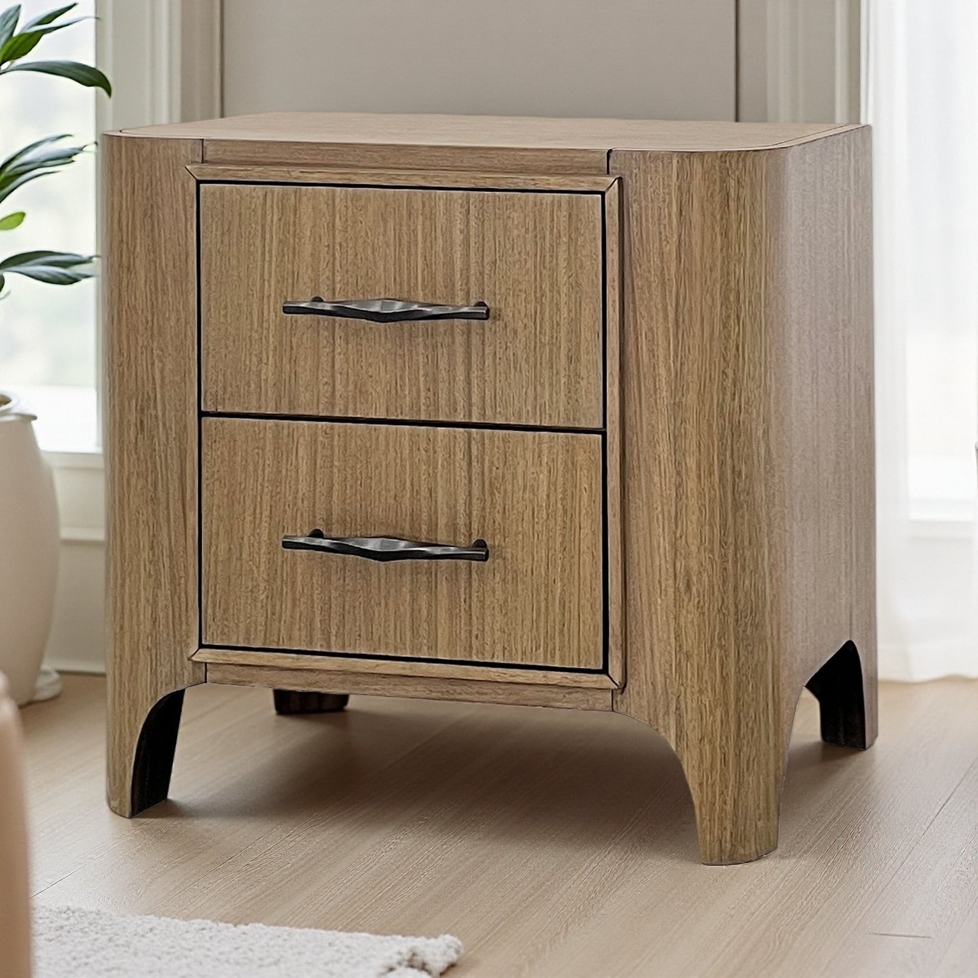 28"L 2-Drawer Nightstand in Eucalyptus Veneer with Soft-Close Drawers, Felt-Lined Storage, Built-In USB Charging Port