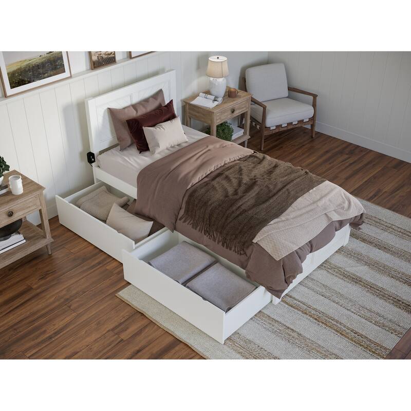 Twin XL Platform Bed with Storage & Footboard - Modern Bedroom Furniture Set - White Finish