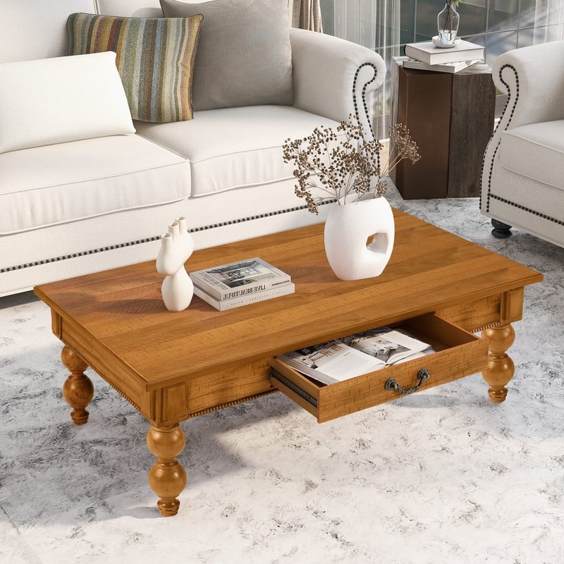 Rectangular 47" Wooden Coffee Table with Storage Drawer, Vintage Cocktail Table with Solid Wood Legs for Living Room Elegance