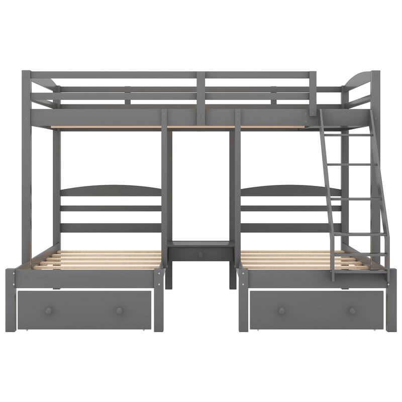 Space-Saving Triple Bunk Bed with Drawers, Full Over Twin & Twin, Gray