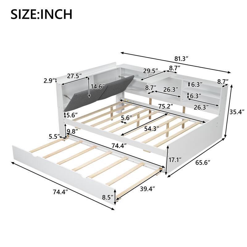Wood Full Platform Bed with Trundle, Upholstered Headboard & Storage Shelves