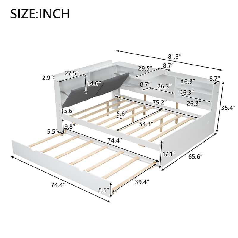 Wood Full Size Platform Bed with Trundle Storage Headboard and Shelves in Pine Wood