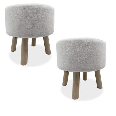 Ginni Footstool Ottoman Set of 2, White Polyester, Soft Seat, Wood Legs