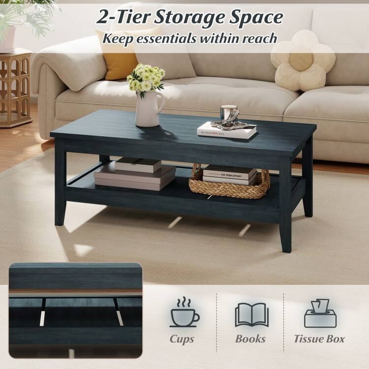Engineered Wood Coffee Table 2-Tier with Storage and Raised Shelf - 47" x 23.5" x 18"