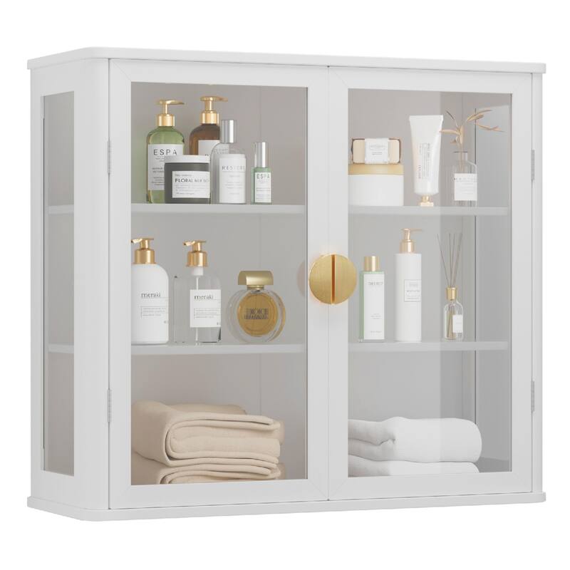 Modern Wall-Mounted Storage Cabinet with Tempered Glass Doors - White & Gold