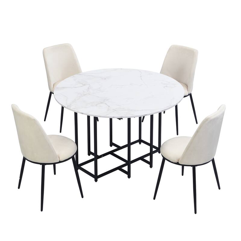 5-Piece Extendable Kitchen Dining Table Set- Round Faux Marble Top, 4 Upholstered Chairs, Compact Foldable Design
