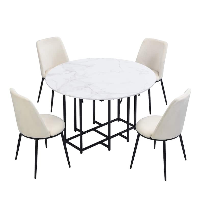 Roomfitters Space-Saving 5-Piece Extendable Dining Table Set with Round Faux Marble Top, 4 Upholstered Chairs