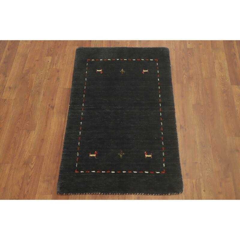 Hand Knotted Oriental 100% Wool Carpet Tribal Animal Pictorial Greys & Charcoal Gabbeh Area Rug - 3' 0'' X 2' 0''
