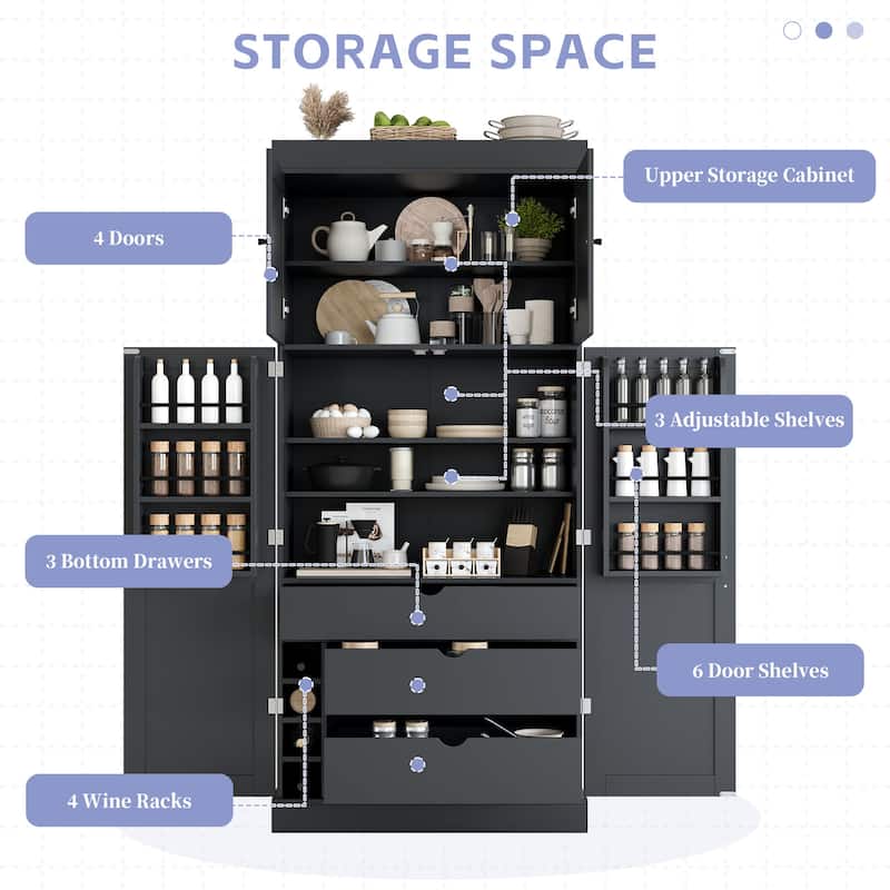 77" Tall Modern Shaker Kitchen Pantry with Wine Rack, Freestanding Storage Cabinet with Drawers & Door Shelves