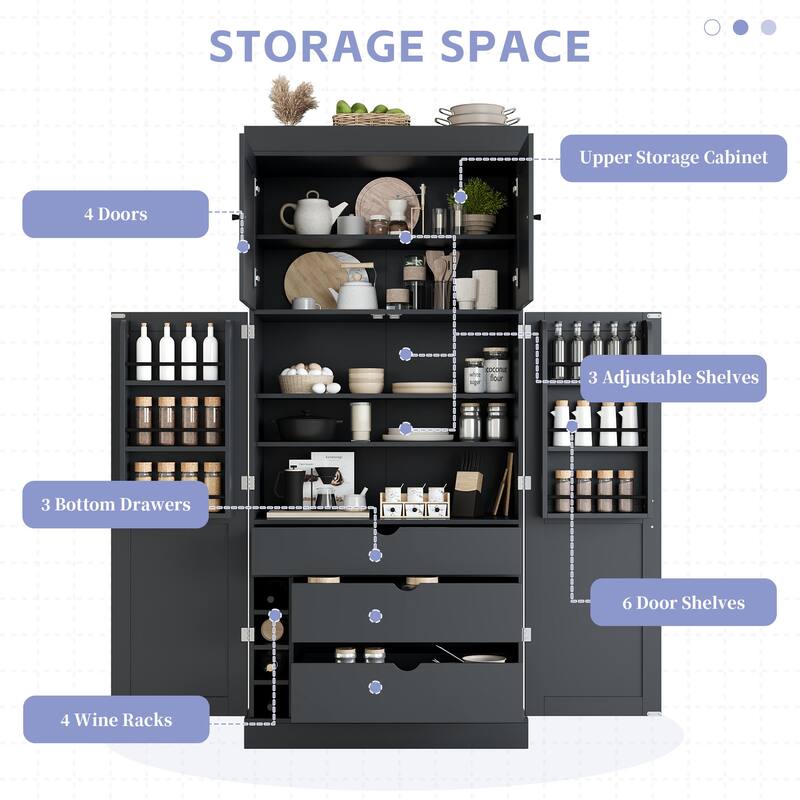 77 Inch Tall Kitchen Pantry Cabinet, Shaker Style Storage with Adjustable Shelves, Drawers, Door Shelves and Wine Racks