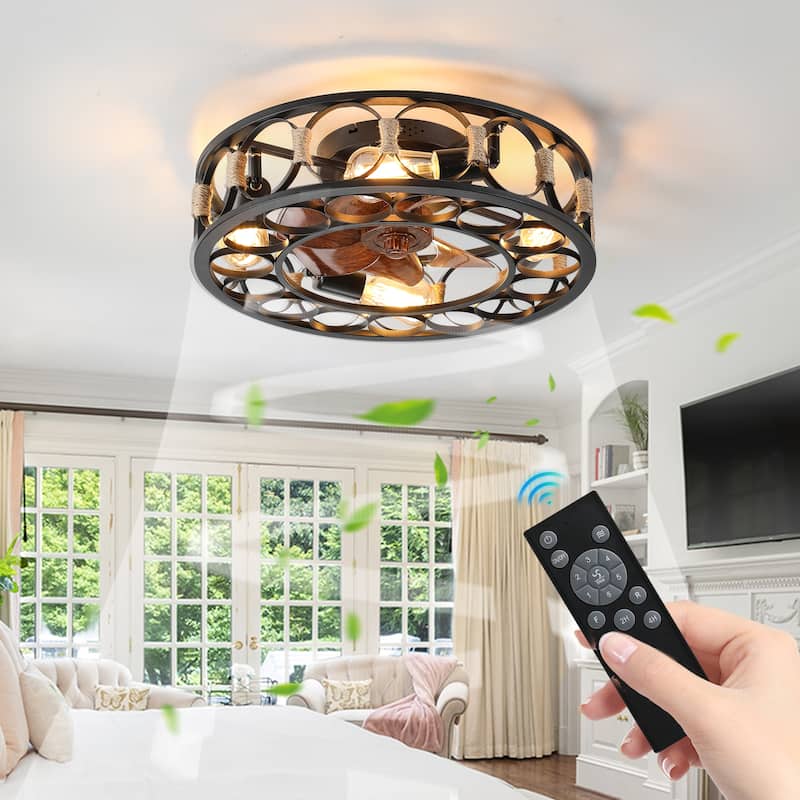 Modern Semi Recessed Ceiling Fan Light with Light and Timer Function, 6 Wind Speeds for Bedroom and Living Room