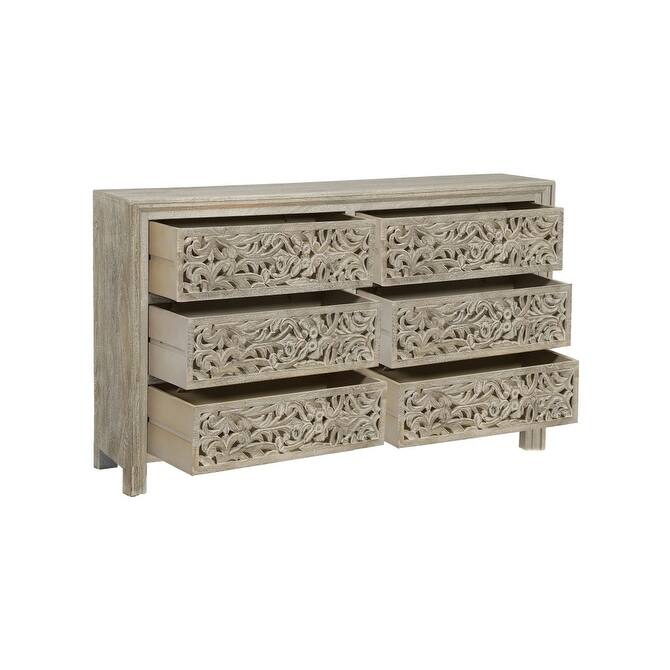 HomeRoots 57" Gray Carved Scrollwork Solid Wood Six Drawer Dresser