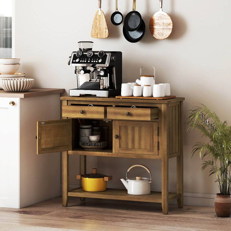 Costway Mid-Century Console Table with 2 Drawers, 2 Cabinets & Bottom - See Details