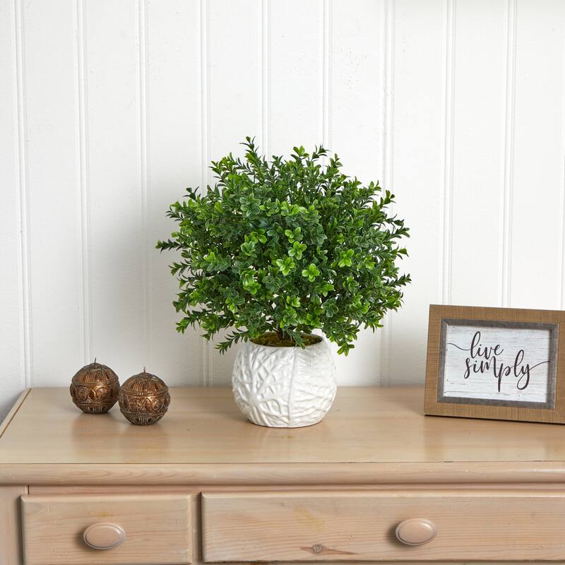 Artificial Evergreen Plant in White Vase - Indoor Outdoor Decor - City Sleek Faux Greenery - Green