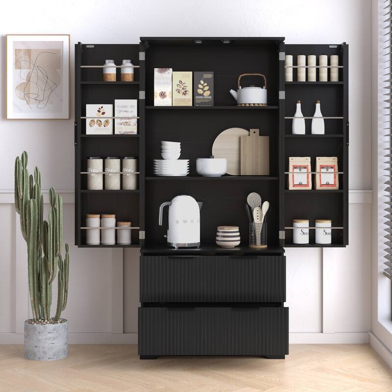 71.65" H Fluted Kitchen Pantry Cabinet, Freestanding Storage Cabinet Buffet Sideboard with 2 Large Drawers & 8-Door Spice Rack - Black
