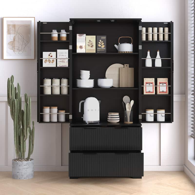 Fluted Kitchen Pantry Cabinet, 2 Doors Freestanding Kitchen Storage Cabinet with 2 Drawers, 8 Spice Racks & Adjustable Shelves