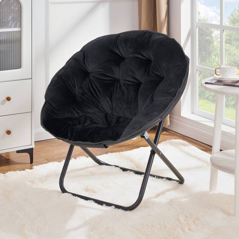 Javlergo Soft Faux Fur Saucer Shaped Comfortable Chair with Foldable Metal Frame, Cozy Chairs, Foldable chairs - Single - Black