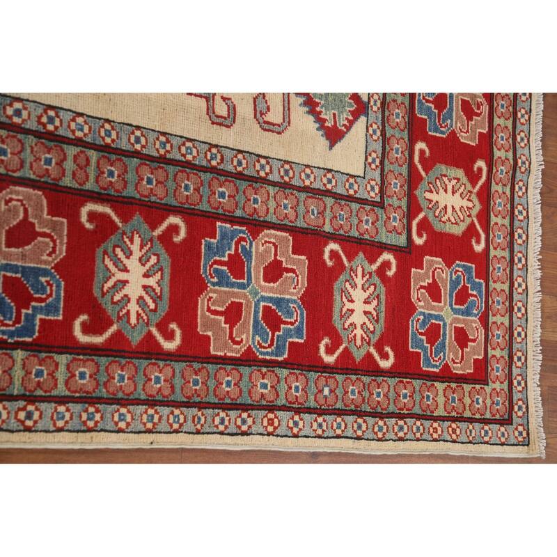 Hand Knotted Oriental 100% Wool Carpet Traditional Geometric Beige & Ivories Kazak Area Rug - 9' 8'' X 6' 6''