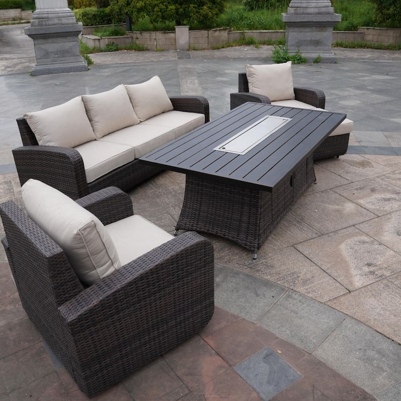 5-Piece Outdoor Wicker Sofa Set with Aluminum Firepit Table - Brown